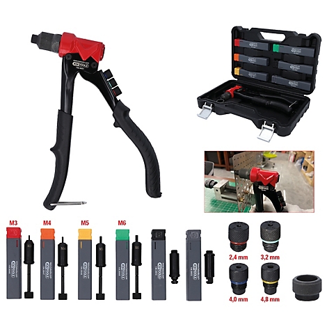 Eine Nietzange mit Zubehör in einem schwarzen Koffer und Detailansichten. Verschiedene Düsen und Größen sind abgebildet.